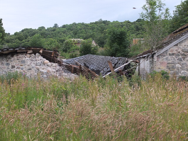 EHG5196_04. view from south of steading showing caved in roof of steading.JPG